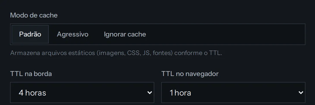 Tela de regras de cache do painel: modo de cache e TTL na borda e no navegador