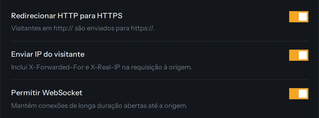 Tela de proxy reverso do painel com opções de HTTPS, IP do visitante e WebSocket